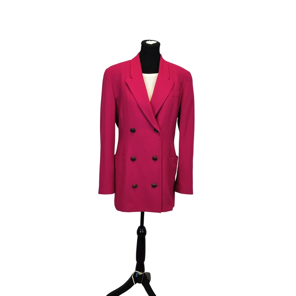 100% Wool Double Breasted Tailored Blazer Fuchsia Pink‎ Gold Button Edie Johne